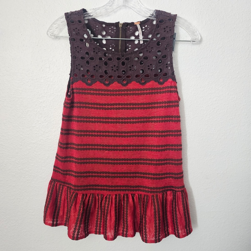 Free People Eyelet Molly Brown and Red Striped Sleeveless Shirt Size XS